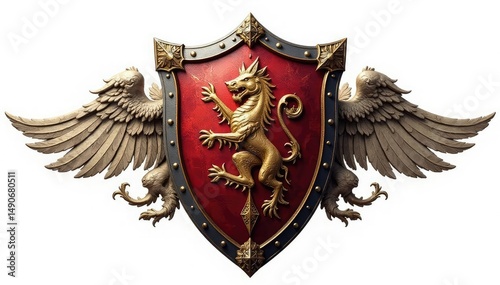 Ornate crest shield, medieval heraldic design, isolated on white background Perfect for fantasy, history, or gaming projects , symbol, lion