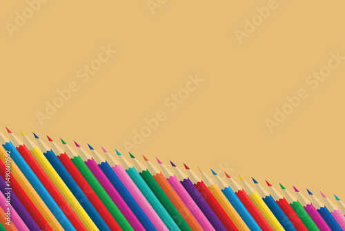 Set of multicolored pensils isolated on yellow background In diagonal row Copy space for text Vector illustrasion Back to school elements Tools for learning child development Education, school concept