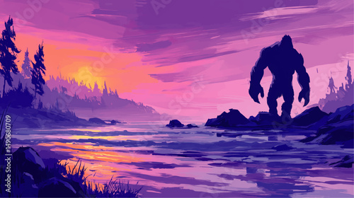 Mystical Fantasy Vector Illustration of Giant Monster Silhouetted Against Stunning Sunset Landscape with River Trees and Rocky Shoreline in Vivid Purple and Orange Hues