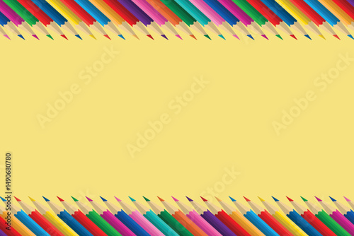Set of  multicolored pensils isolated on yellow background In a row Copy space for text Vector illustrasion Back to school elements Tools for learning and child development Education, school concept
