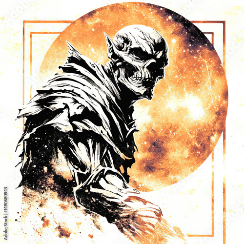 Dark Fantasy Vector Illustration of Scary Undead Skeleton Warrior with Skull Armor and Cloak Against Mystical Cosmic Galaxy Background for Horror and Fantasy Designs
