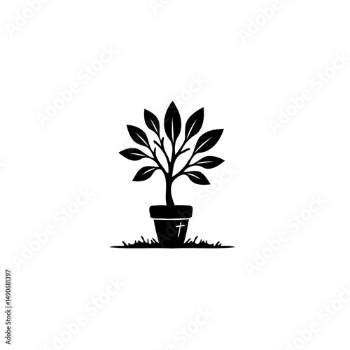 Symbolic seedling growth in a pot with subtle religious undertones minimalist style