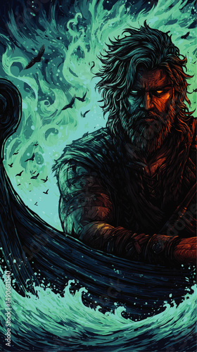 Epic Fantasy Viking Warrior Sailing Dark Nordic Seas Vector Illustration with Mystical Glowing Eyes Raven Birds Stormy Waves and Mythological Norse Elements for Designs