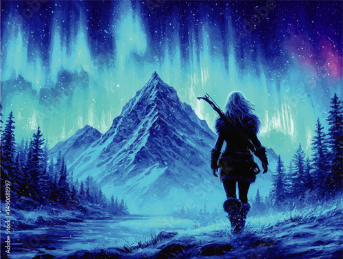 Majestic fantasy vector illustration of female warrior standing under northern lights aurora in snowy mountain wilderness landscape with stars trees river and wildlife