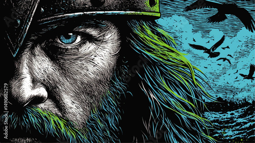 Epic Detailed Vector Illustration of Fierce Viking Warrior with Blue Eyes Helmet and Beard Showing Battle Scene Background with Ravens Dark Sky and Sea Fantasy Art