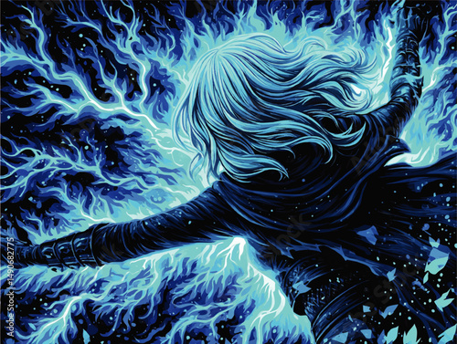 Epic Fantasy Vector Illustration of Powerful Magical Sorceress Casting Spell with Electric Blue Lightning Energies Dramatic Dark Mystical Adventure Scene Art Design