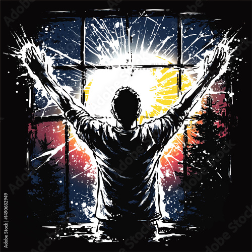 Inspirational Vector Illustration of Man Raising Arms in Triumph Welcoming Sunrise Through Window Symbolizing Hope Achievement Freedom Positivity and New Beginnings