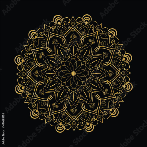 Detailed Golden Mandala with Floral and Swirl Motifs on a Black Background