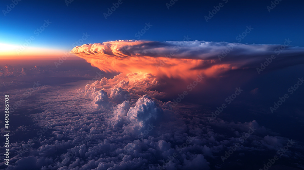 Fototapeta premium Cloudscape with Sunset Glow Above the Horizon from Aerial Perspective