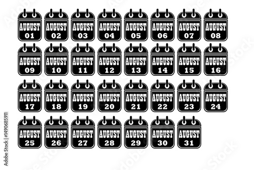 AUGUSTWHOLE MONTH CALENDER 1TO 31, August generic calendar icon set
