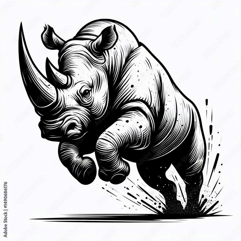 Fototapeta premium Charging Rhino Striking Ink Illustration
