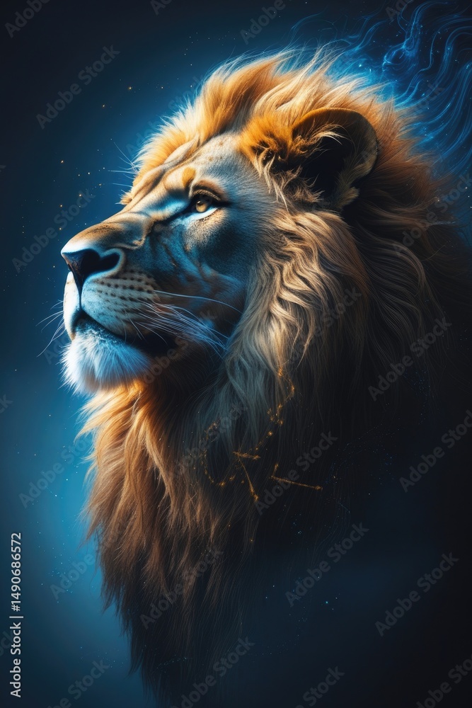 Fototapeta premium Majestic Lion Portrait in Blue Light – Powerful Wildlife Artwork