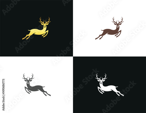Elegant leaping deer vector template design in gold brown gray and white for logo or icon design