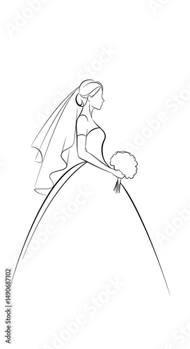 Elegant line art of a bride holding a bouquet on a transparent background
