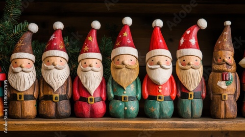 Row of Christmas Santa Claus Wood Figurines on Display Shelf
