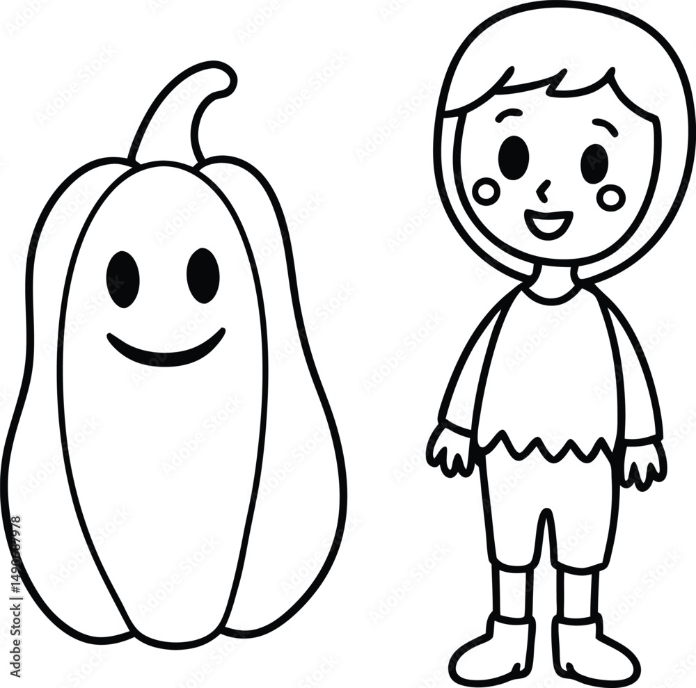Halloween Coloring Page of Girl with Smiling Pumpkin Character – Black and White Line Art Halloween Coloring Page of Girl with Smiling Pumpkin Character – Black and White Line Art