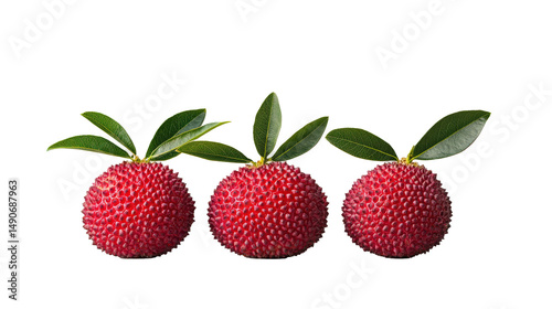 Three vibrant red fruits with textured skin and green leaves are displayed against transparency background, showcasing their unique appearance. These genetically modified fruits are eye catching