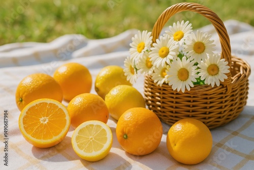 Citrus fruits oranges and lemons beside daisy bouquet in wicker basket arranged on soft picnic blanket under sunshine

