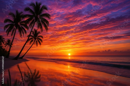 Golden sunset on tropical beach with palm trees casting shadows over vibrant sky and colorful water reflections

