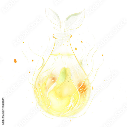 Glowing pear inside glass bottle with leaves, surrounded by vibrant energy