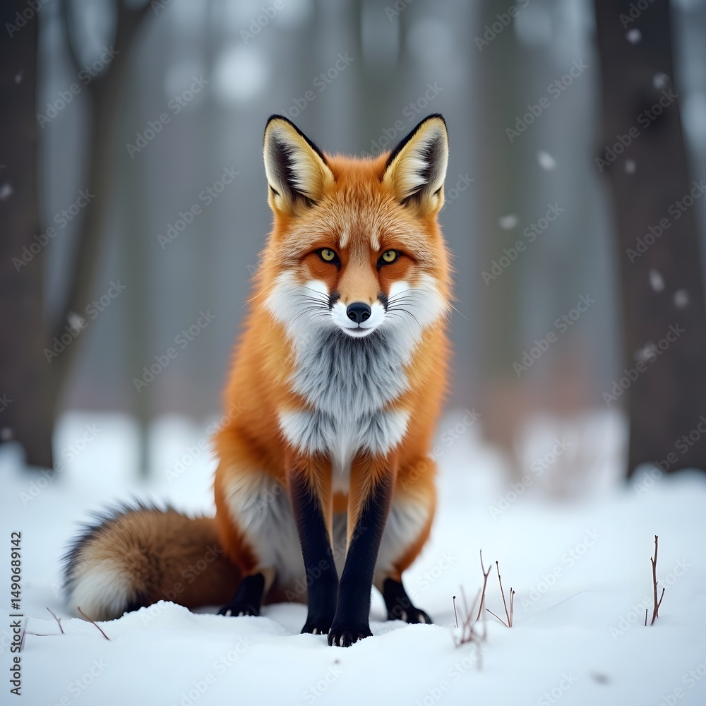 Fototapeta premium Wild Red Fox Staring in Winter Woodland Scene