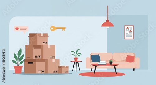 Lots of moving boxes and houseplant when moving in an empty room in an apartment