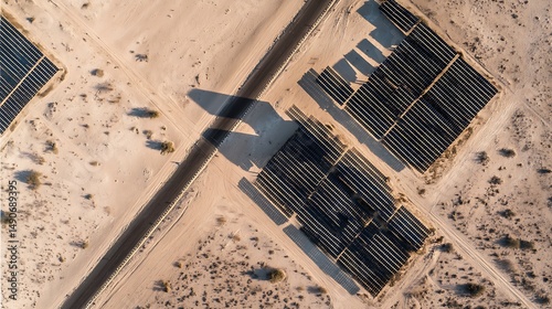 Overhead shot of Top view of solar panels covered in dust near a desert area.