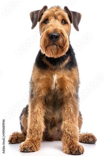 A regal Airedale Terrier sits poised, its intelligent gaze fixed directly on the viewer. The dog's distinctive, wiry coat and alert posture convey a sense of confidence and charm.