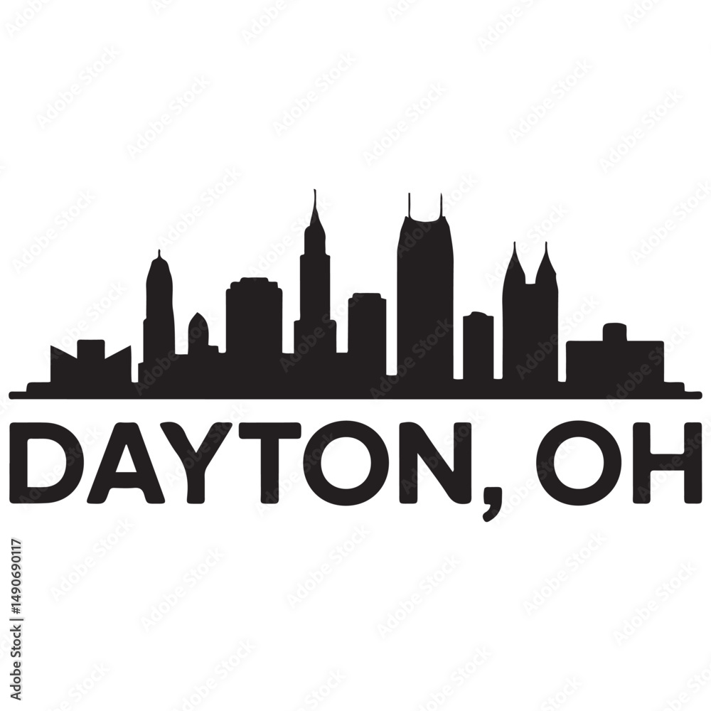 Naklejka premium Dayton, OH skyline, monochrome Vector black silhouette. with white background