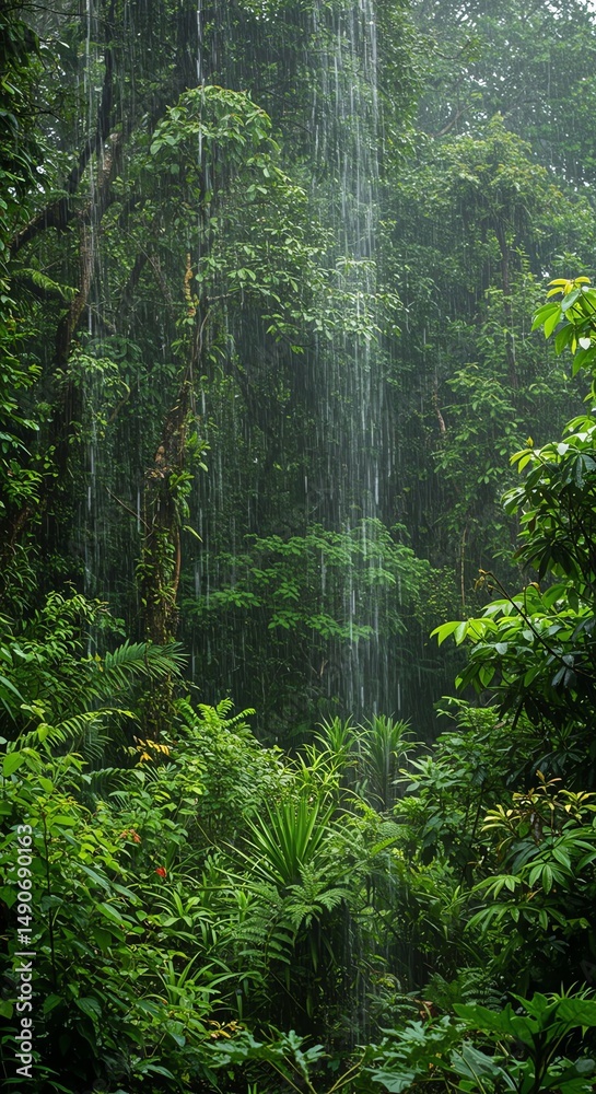 Fototapeta premium Rainforest rain falling lush green plants
