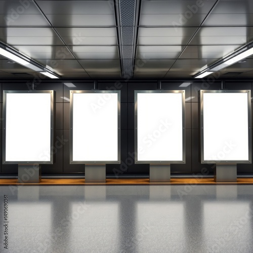Front view of four empty white banners background at the metro station mock up blank advertising billboards in the subway copy space for text billboard blank mockup display empty poster advertising