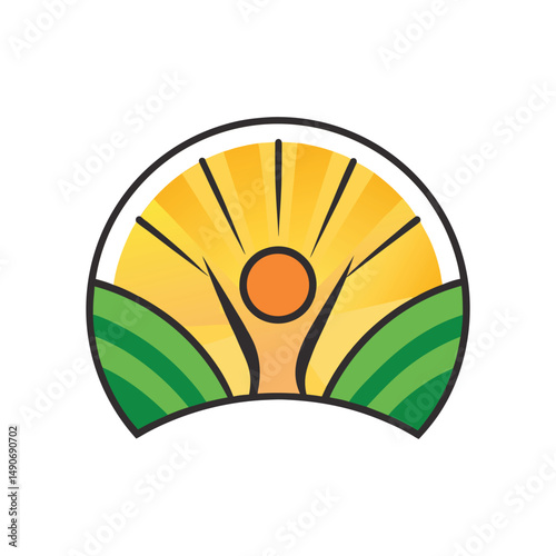 Person celebrating the sunrise over fields