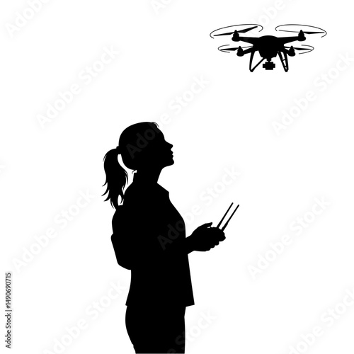 Woman controlling drone while looking up against a white background  