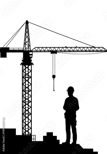 Construction worker standing on site next to crane silhouette  