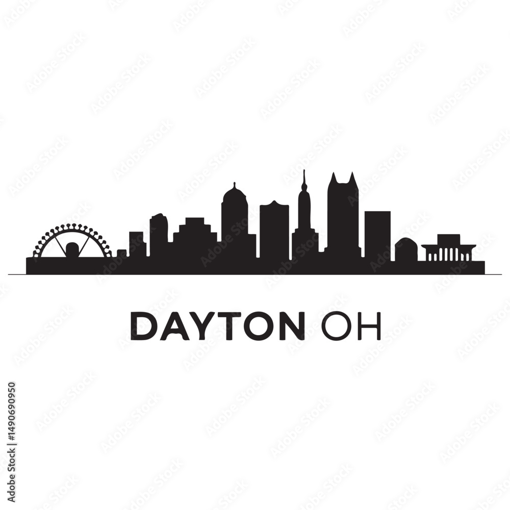 Fototapeta premium Dayton, OH skyline, monochrome Vector black silhouette. with white background