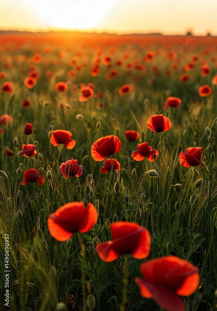 Fototapeta premium Red Poppy Field Sunset