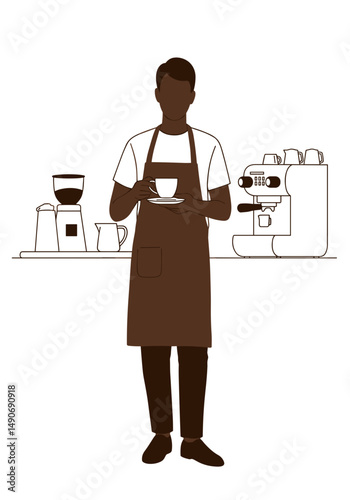 Male barista holding coffee cup in café with espresso machine  