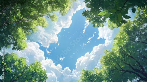 Luxuriant trees framed by white clouds on a serene blue sky
