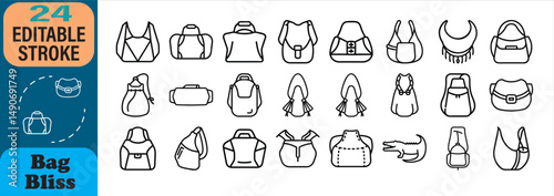 Collection of minimalist black and white handbags and purses icons in simple line art style