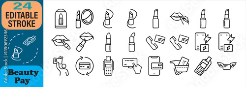 Elegant line art icons representing beauty products and payment processing methods seamlessly