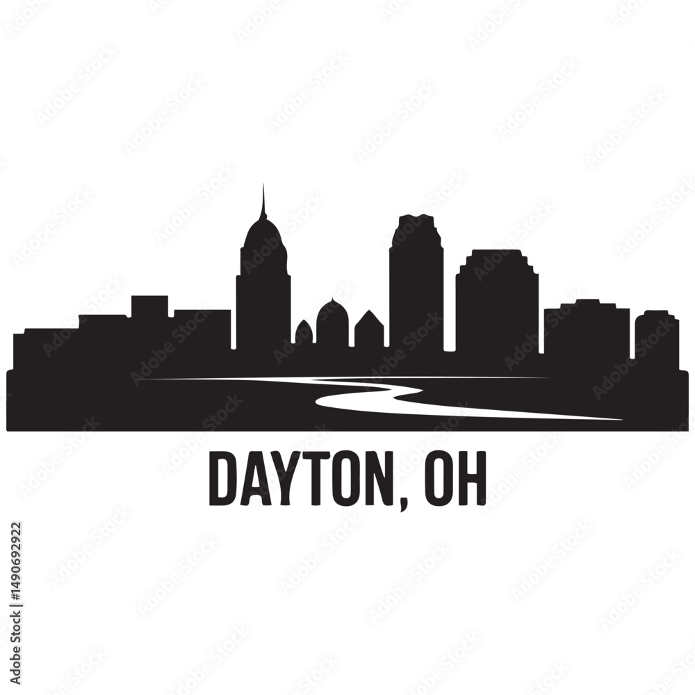 Naklejka premium Dayton, OH skyline, monochrome Vector black silhouette. with white background
