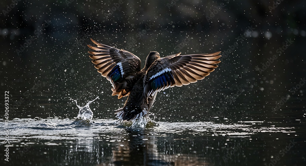 Obraz premium Duck taking flight over water