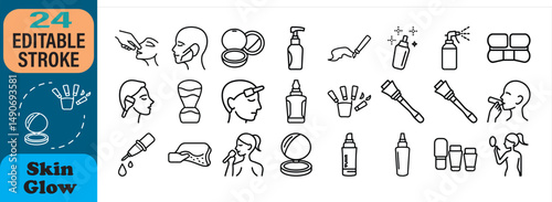 Collection of minimalist icons representing skincare beauty treatment and cosmetic products