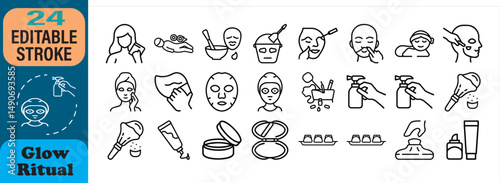 Skincare routine icons depicting various cosmetic procedures and facial treatments