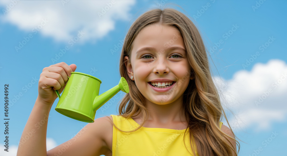 Smiling blonde girl in yellow top holding small green watering can against blue sky with clouds background. Garden activity for children's environmental education and spring planting projects Smiling blonde girl in yellow top holding small green watering can against blue sky with clouds background. Garden activity for children's environmental education and spring planting projects