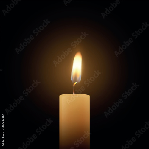 Realistic Vector Candle Flame Clipart on Black Background. Single Wax Pillar Candle with Soft Warm Glow and Flickering Flame, Ambient Lighting Design Template for Web, Print, Logo Design