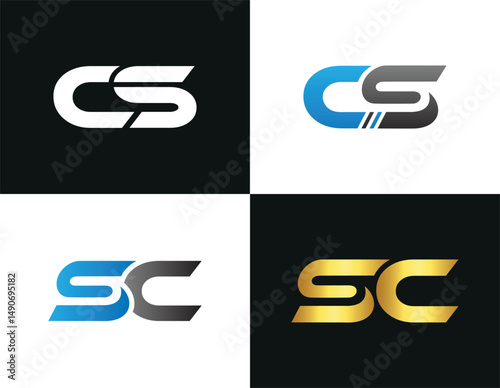 Creative monogram logo design set featuring cs and sc initials in varied color schemes vector template