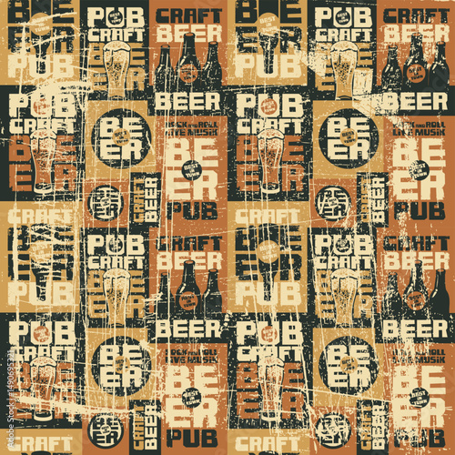 Vector seamless pattern with beer, with bottles and glasses of craft beer. On an old, vintage, scratched background. Words Rock and roll music. Fabric, paper, wallpaper. No AI used