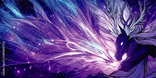 Magical Fantasy Vector Illustration of Mystical Deer with Antlers and Flowing Mane in Cosmic Galaxy with Vibrant Blue Purple Light and Sparkling Abstract Stardust Trails