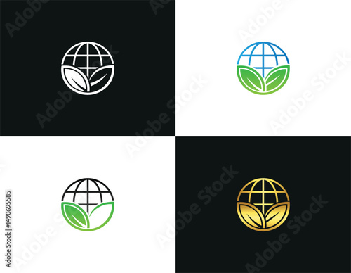 Four earth globe with green leaves vector template logo design variations environmentally friendly and sustainable business